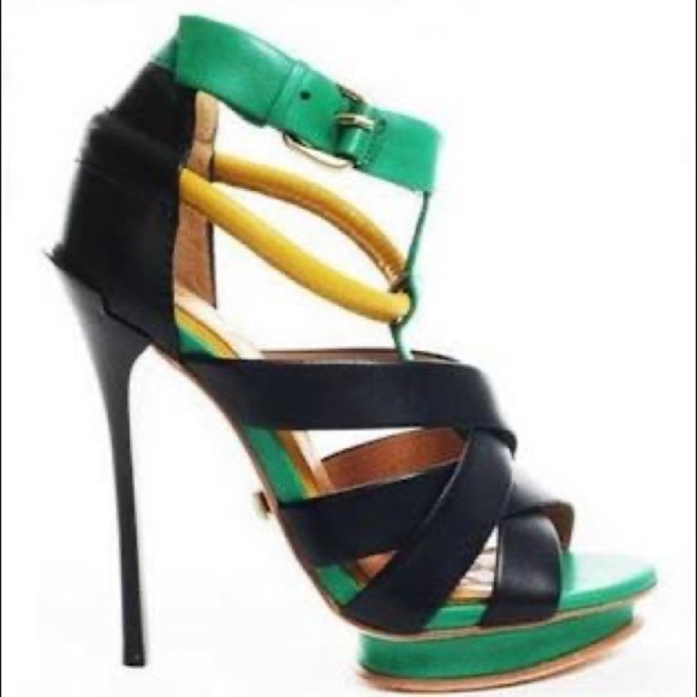 L.A.M.B. Green and yellow sandals heels